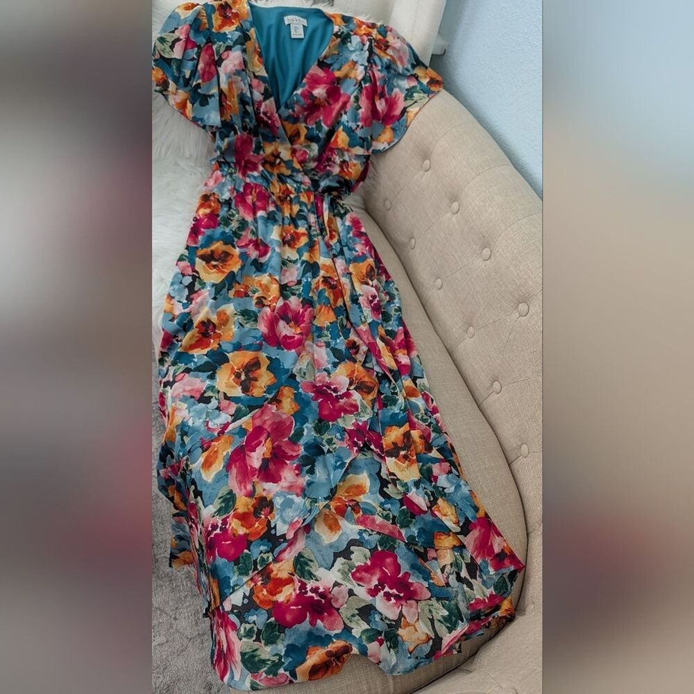 Nicole Miller Floral V-Neck Maxi Dress Size S - Picture 15 of 16